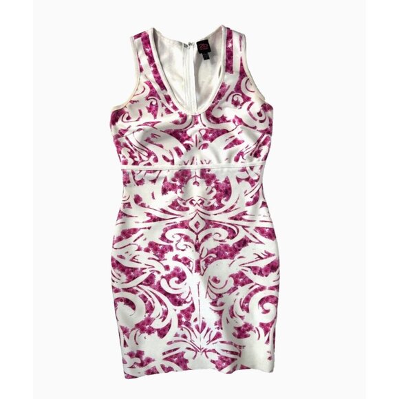 Bebe Women's Mini Dress–White/Fuchsia Bandage Style, Sleeveless V-Neck, Stretch - Picture 1 of 10